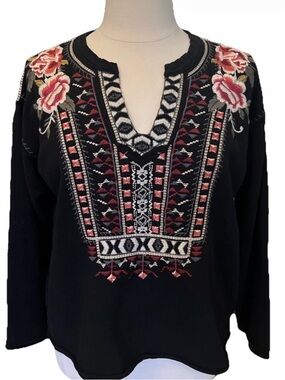 Johnny Was Black Embroidered Floral Top